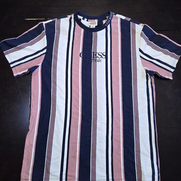 Guess Originals Striped T-Shirt Mens Medium Navy Pink White Vertical Stripe Logo - Picture 2 of 5